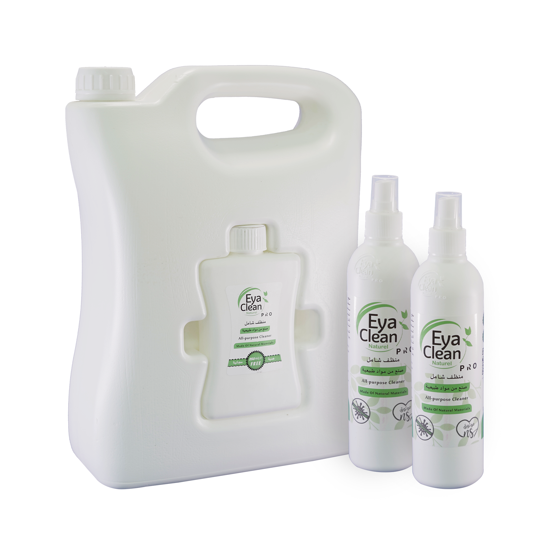 Eva Clean product packaging including a large container and multiple bottles on a white background