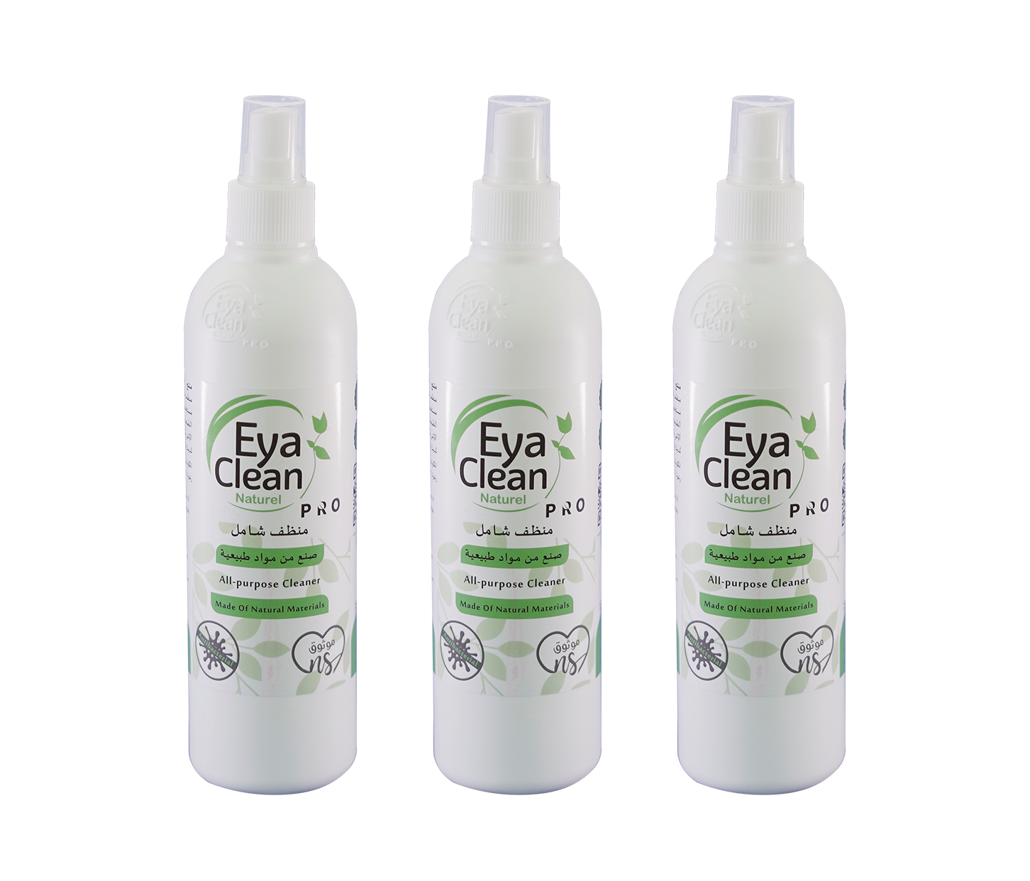 Three bottles of Eya Clean natural all-purpose cleaner on a white background