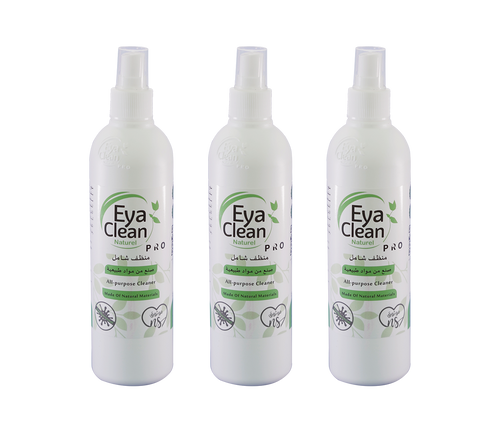 Three bottles of Eya Clean natural all-purpose cleaner on a white background