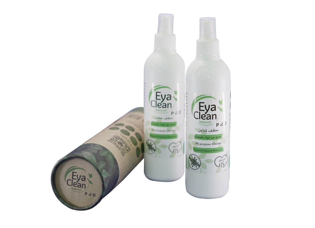 Two bottles and a cylindrical container of Eya Clean products on a white background